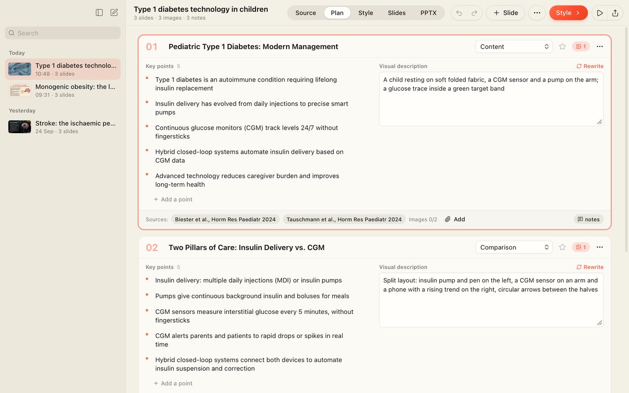 The Plan step: slide cards with title, key points, visual description and sources.