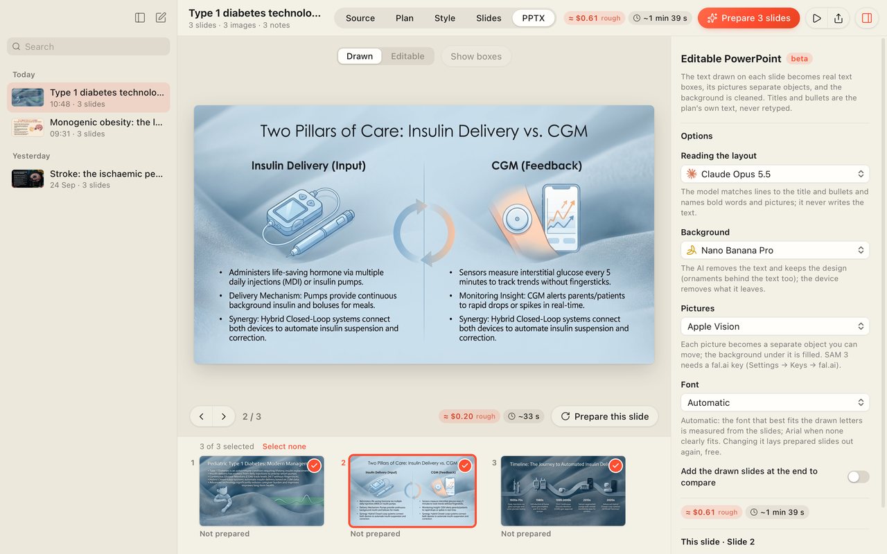 The PPTX step: the editable PowerPoint options, and the three slides to prepare under the slide.