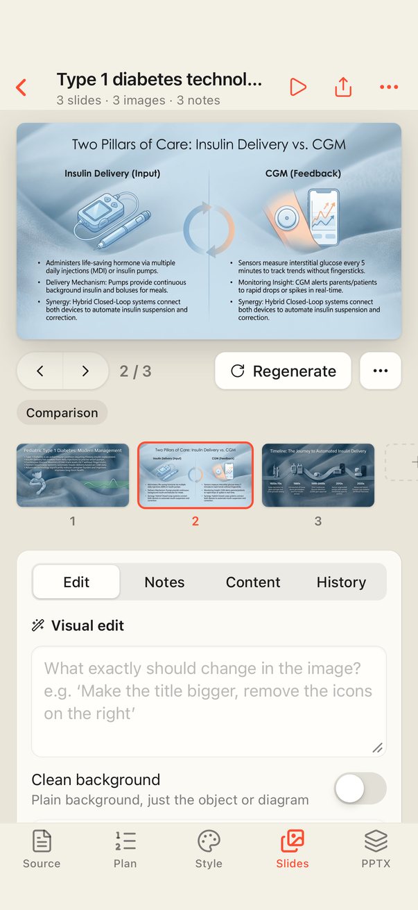 The same deck on the iPhone: a drawn comparison slide and the slide strip.