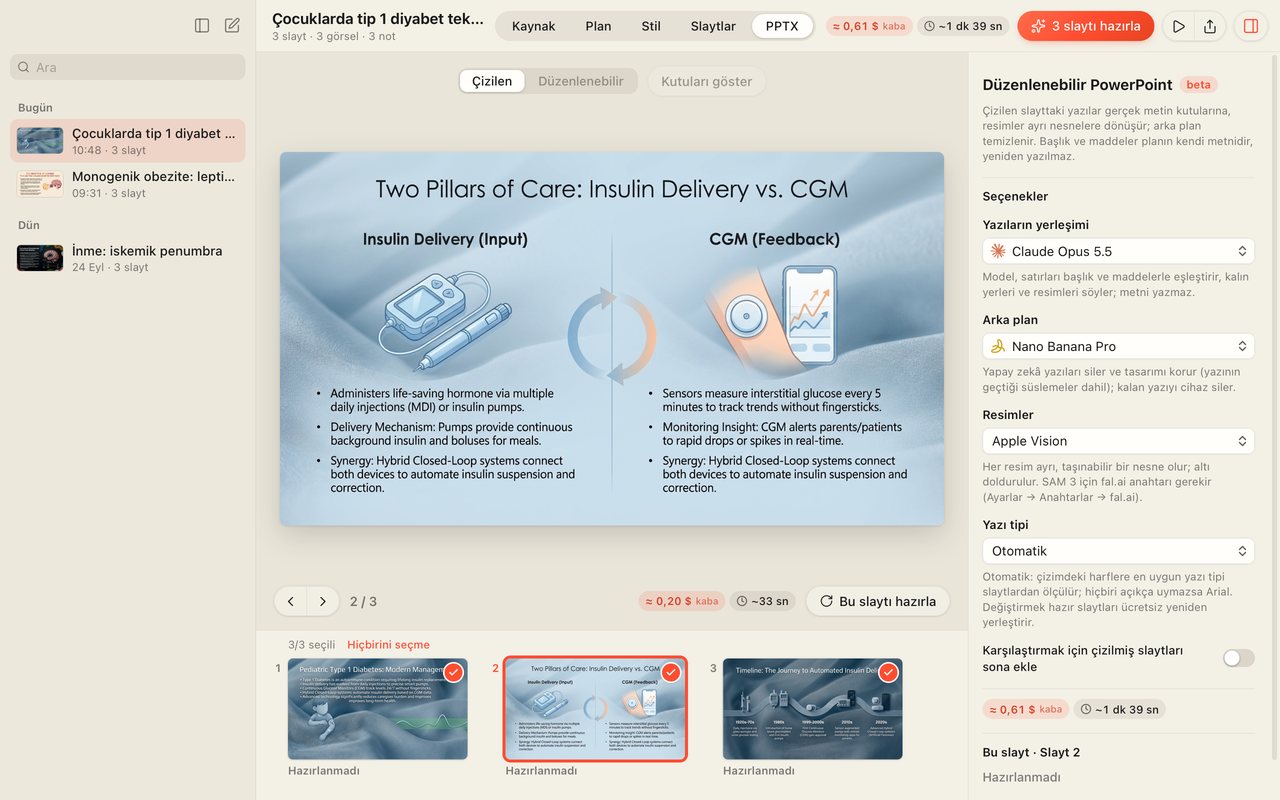 PPTX adımı: düzenlenebilir PowerPoint seçenekleri; slaytın altında hazırlanacak üç slayt.