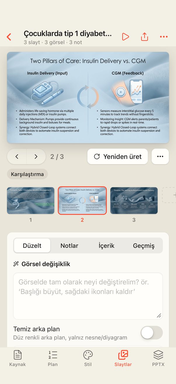 iPhone’da aynı sunum: çizilmiş karşılaştırma slaytı ve slayt şeridi.
