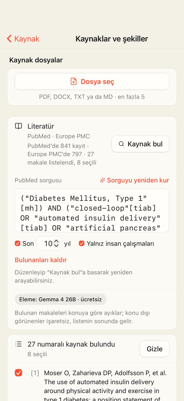 iPhone’da Kaynaklar ve şekiller sayfası: literatür araması ve bulunan makaleler.